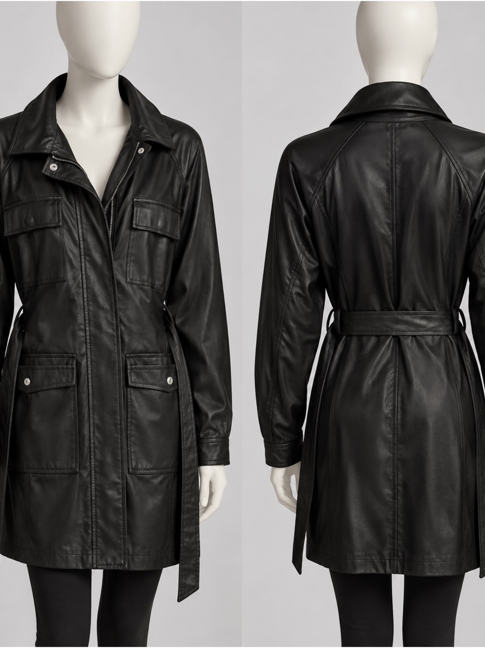 Fashion Nova Black Faux Leather Belted Trench Coat